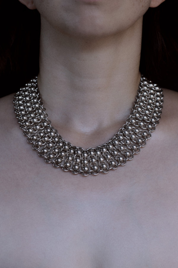 Vintage sterling silver statement collar necklace worn on model, Mexican 925 silver jewelry