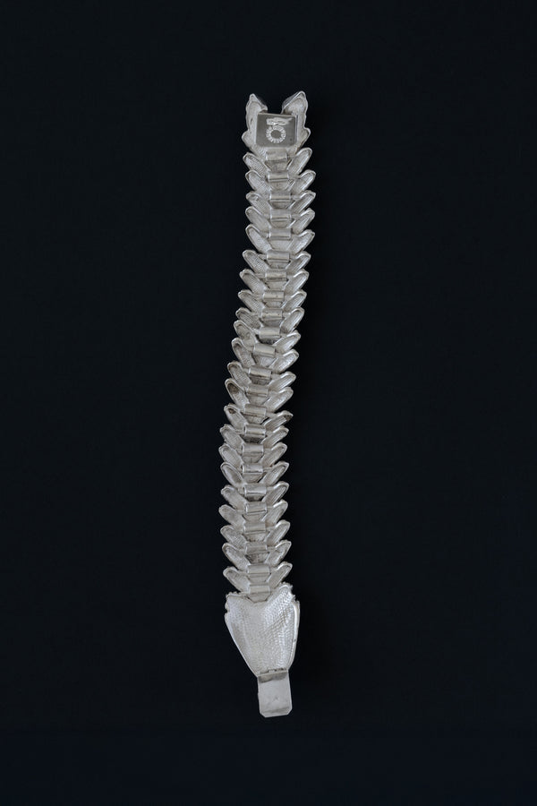 Back view of D'Molina Taxco sterling silver crocodile bracelet showing hinged clasp