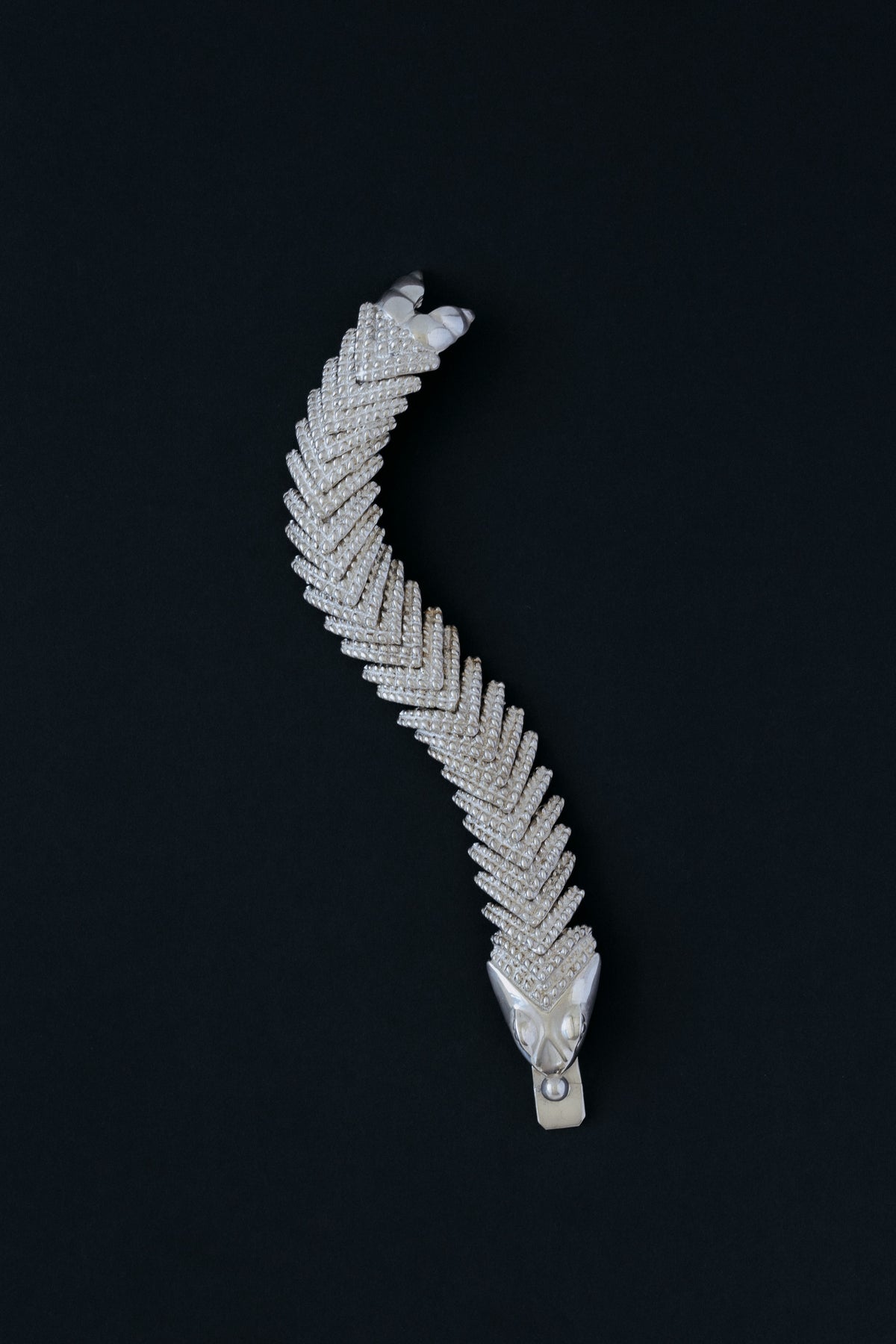 D'Molina sterling silver crocodile bracelet, chevron-woven scales, front view