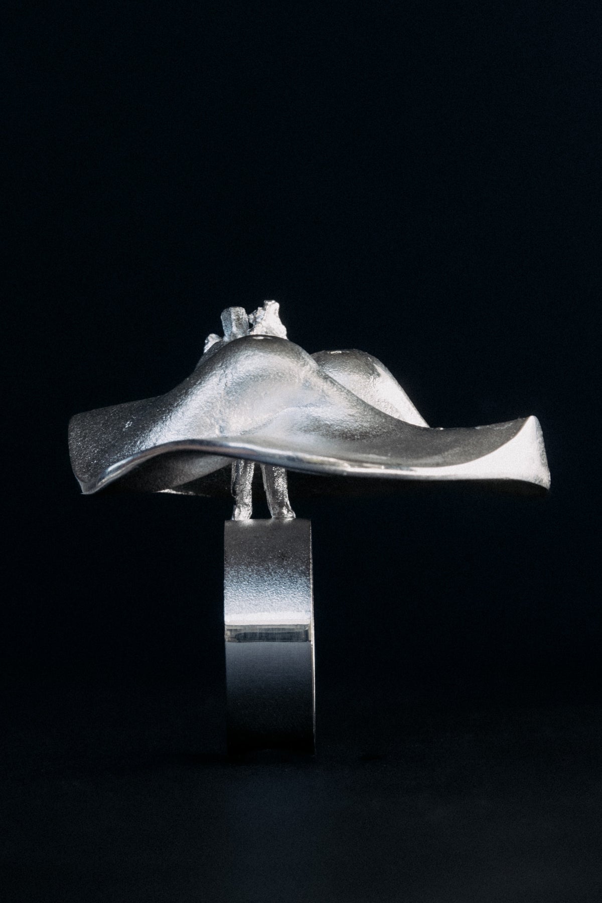 Side view of Björn Weckström Lapponia sterling silver statement ring showing ring band