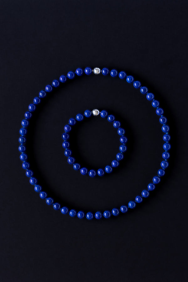 Ouvelle Modern Matriarch Lapis Blue Beaded Slim Necklace and Bracelet Set Silver