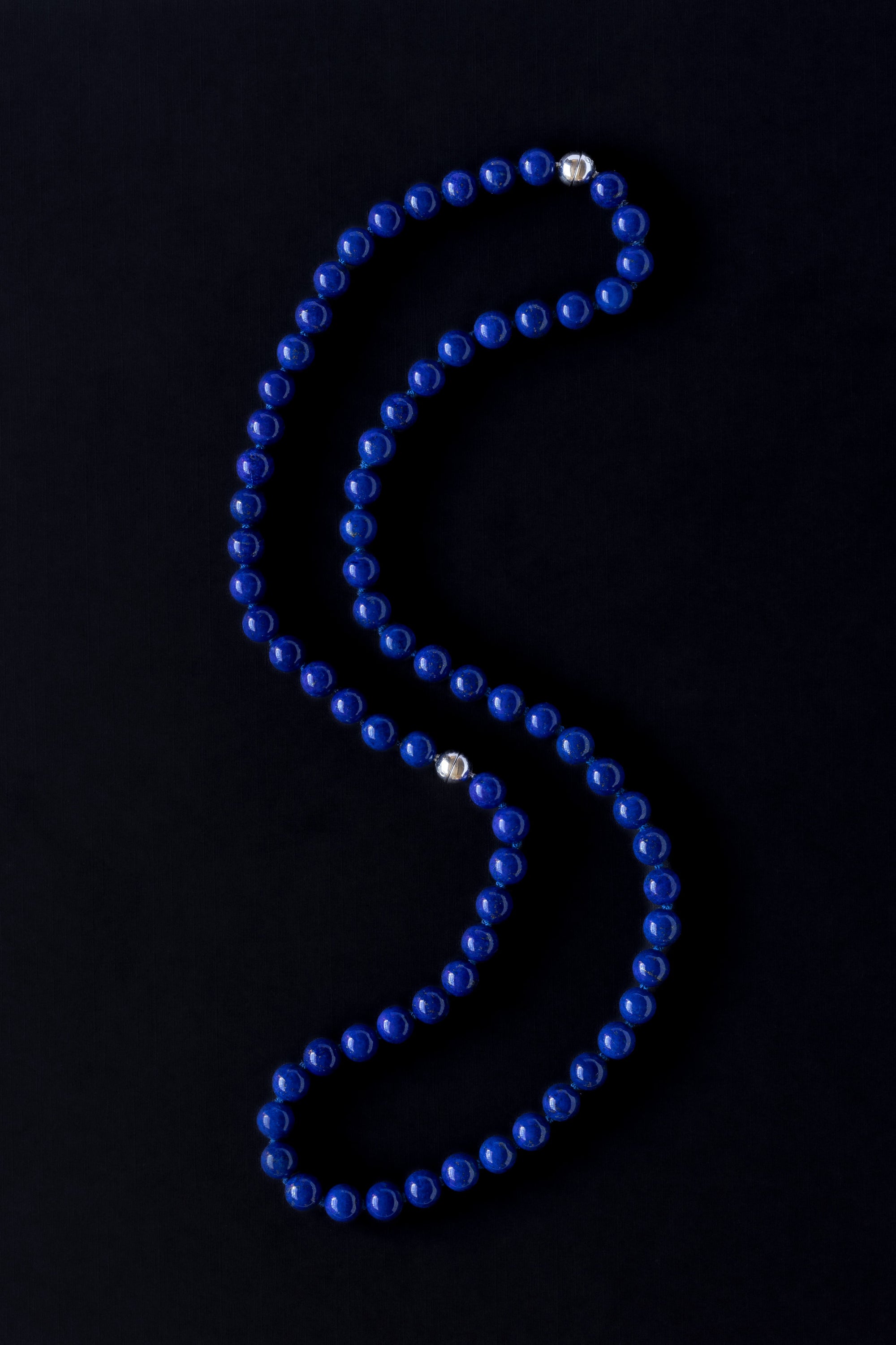 Ouvelle Modern Matriarch Lapis Blue Beaded Slim Necklace and Bracelet Set Silver Long