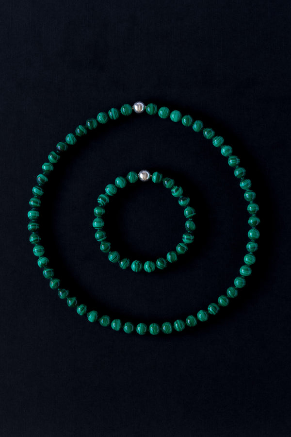 Ouvelle Modern Matriarch Malachite Beaded Necklace and Bracelet Set with Silver Magnetic Clasp