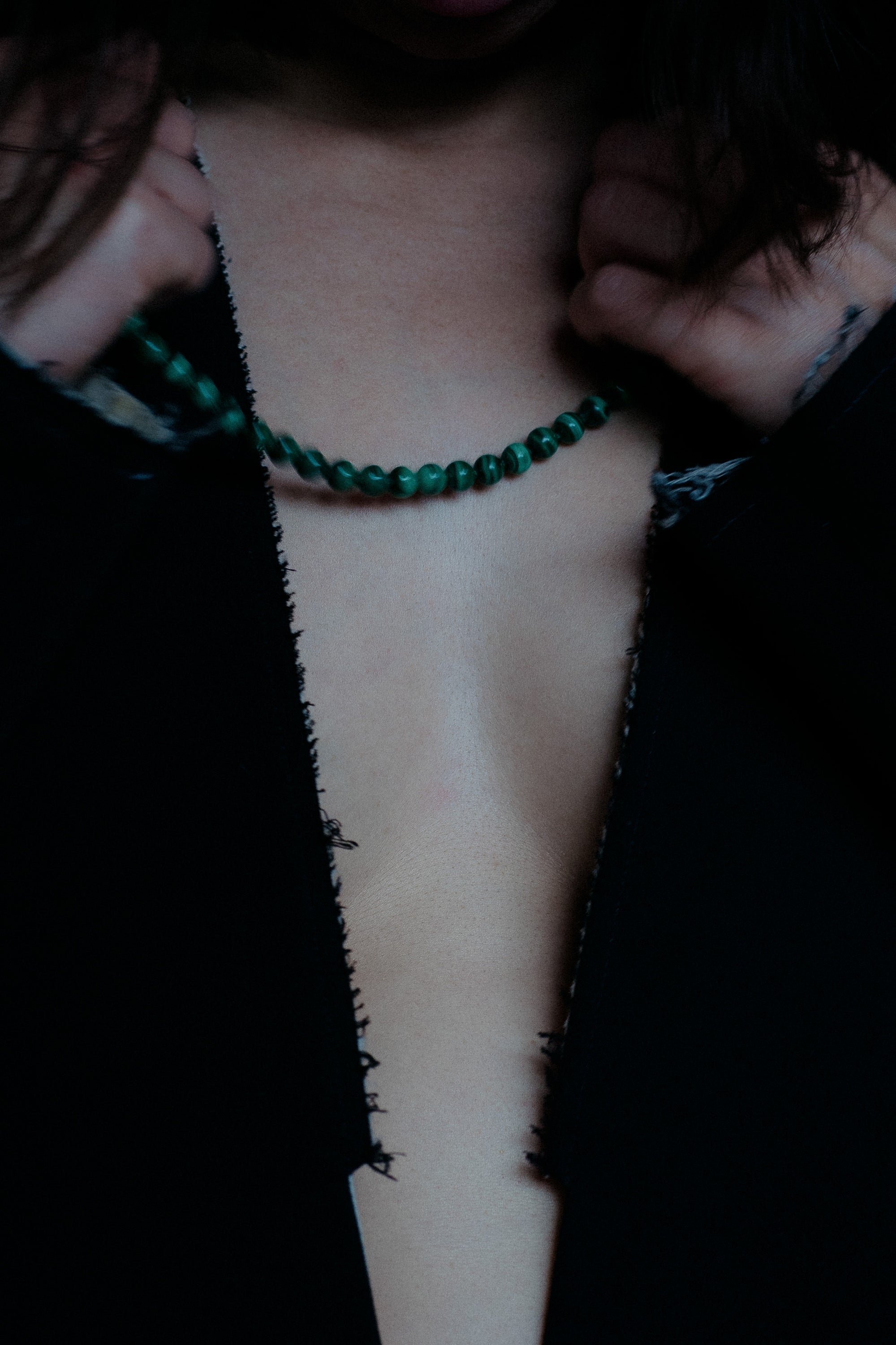 Ouvelle Modern Matriarch Malachite Beaded Necklace on Model