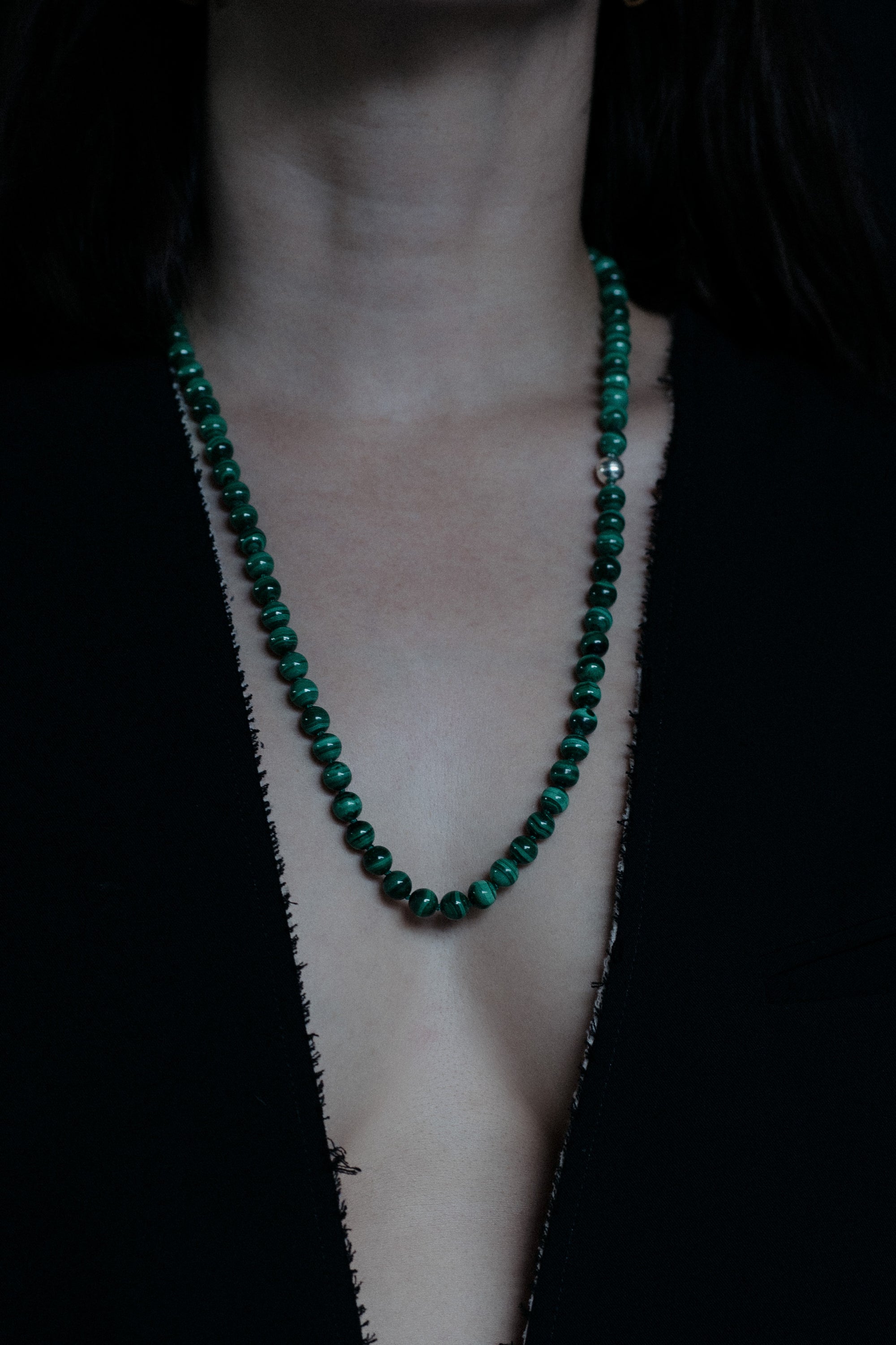 Ouvelle Modern Matriarch Malachite Beaded Necklace Long on neck