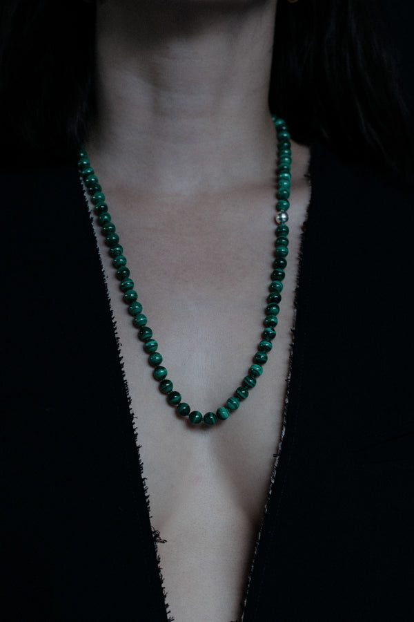 Ouvelle Modern Matriarch Malachite Beaded Necklace Long on neck
