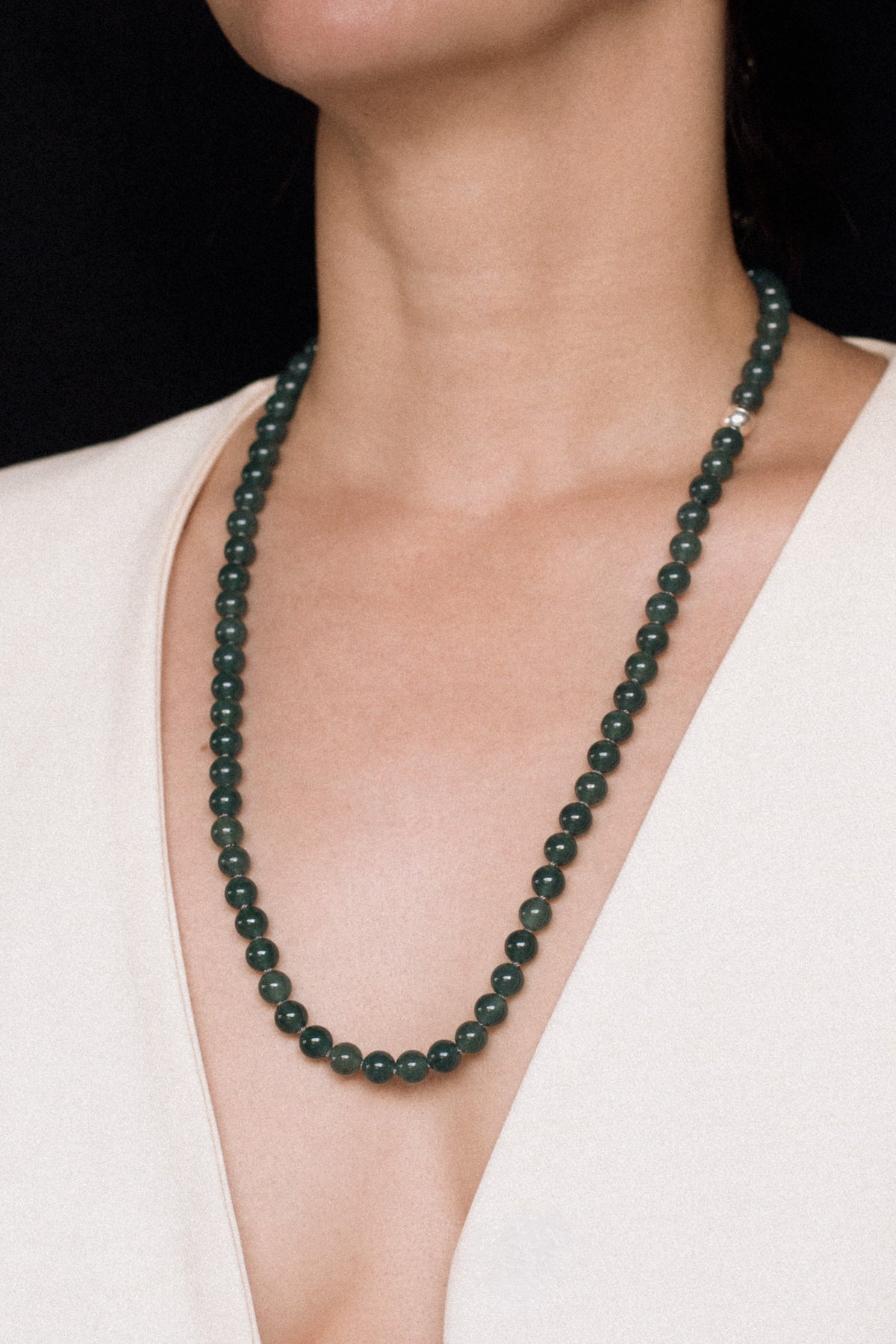 Guatemalan Jade Beaded Necklace on model Ouvelle Jewelry