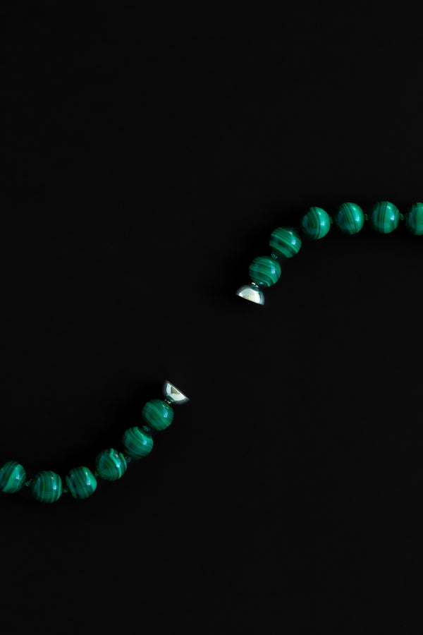 Modern Matriarch Malachite Necklace Magnetic Connection Zoomed on Black Background