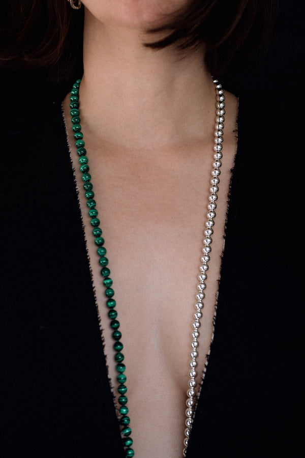 Ouvelle Modern Matriarch Malachite and silver Beaded Necklace Long on neck