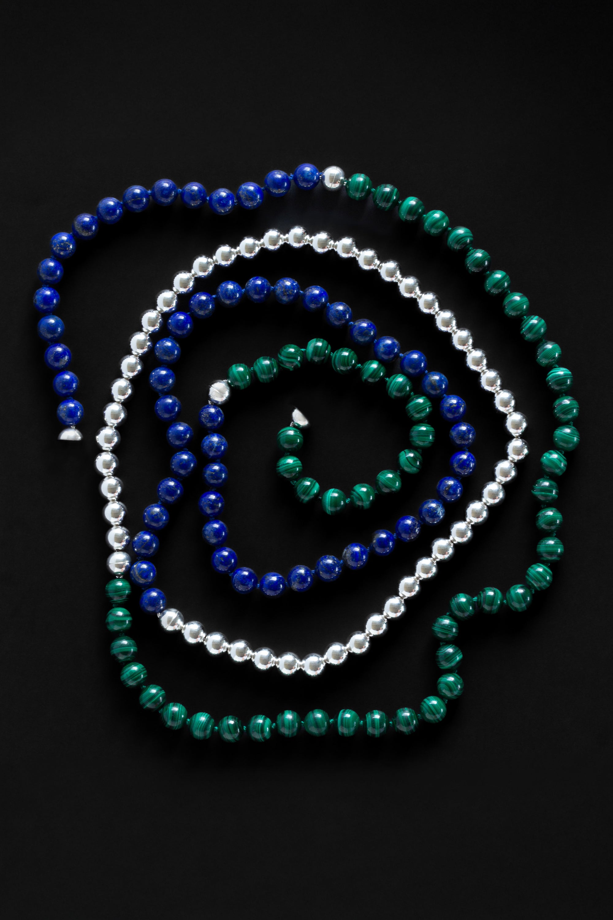 Malachite Lapis and Silver Beaded Necklace & Bracelet Sets With Magnetic Silver Clasp On Black Background
