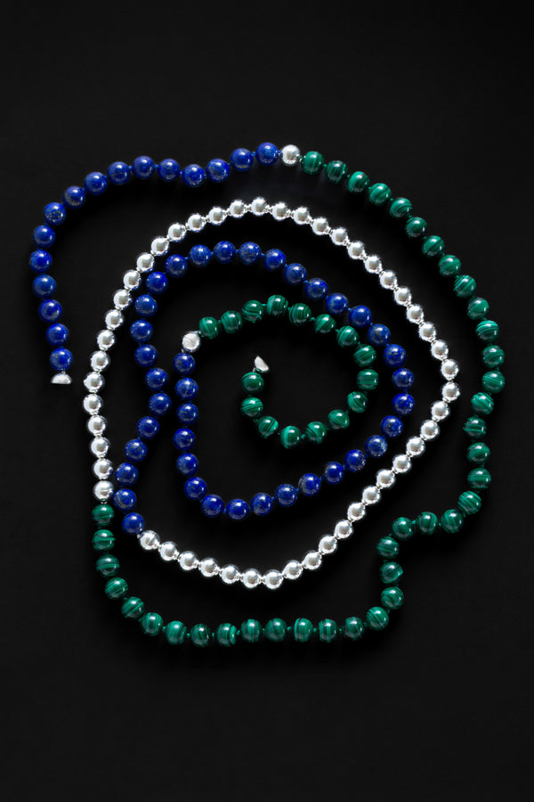 Malachite Lapis and Silver Beaded Necklace & Bracelet Sets With Magnetic Silver Clasp On Black Background
