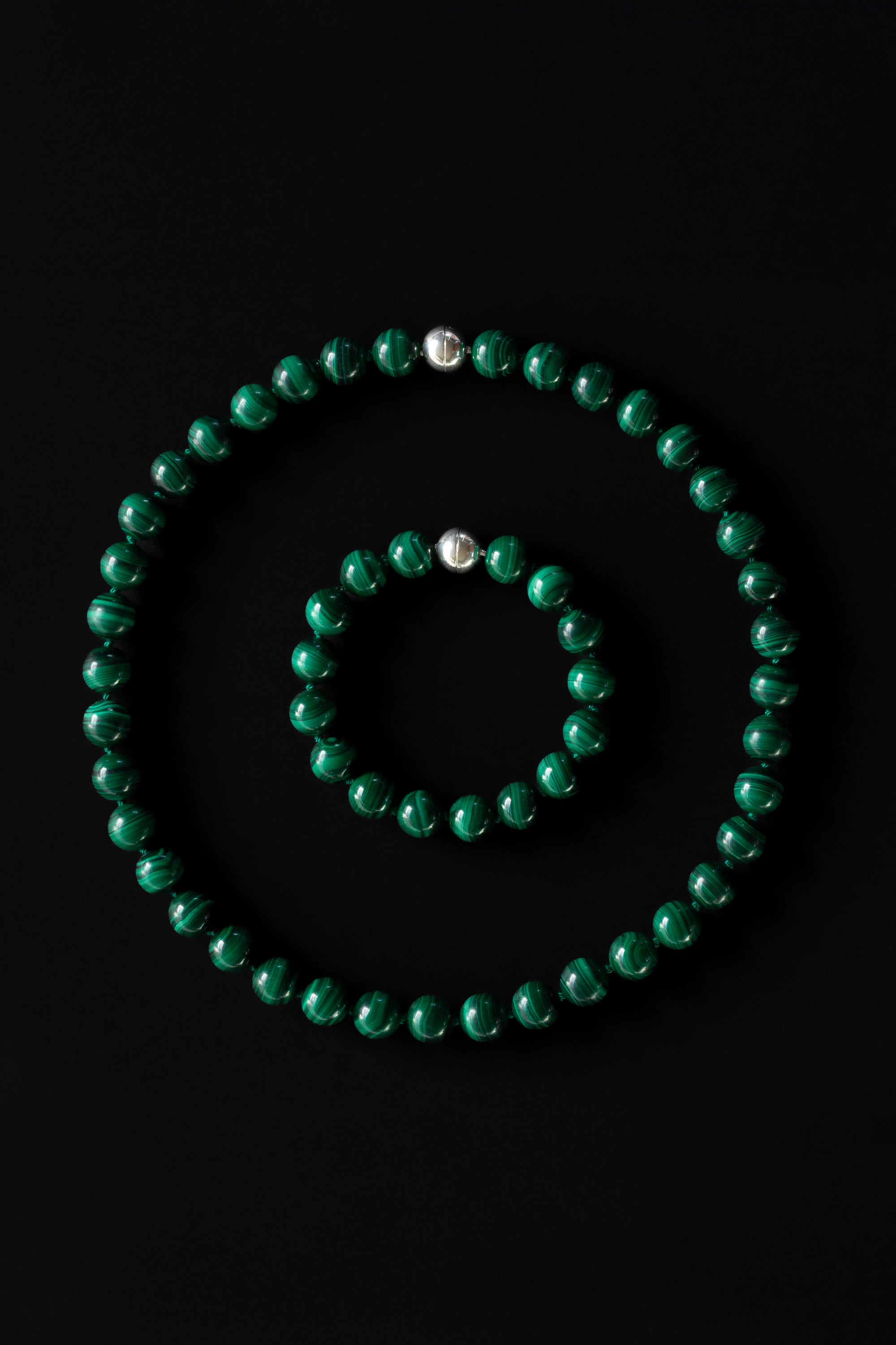 Malachite Beaded Necklace & Bracelet Set With Magnetic Silver Clasp On Black Background
