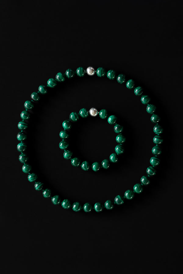 Malachite Beaded Necklace & Bracelet Set With Magnetic Silver Clasp On Black Background