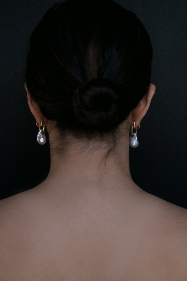 Mother of Pearl Baroque Fireball and 18k Gold Earrings worn on model