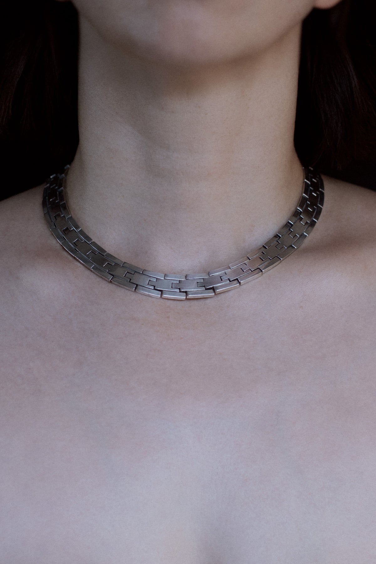 Vintage Taxco sterling silver step link puzzle statement necklace worn as a collar